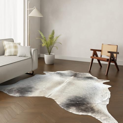 Wildlife Design Kuhfell Teppich – Grau-Schwarz. Großes Format 220×200 cm Premium Naturfell, nachhaltig & tierfreundlich + GRATIS Lederuntersetzer