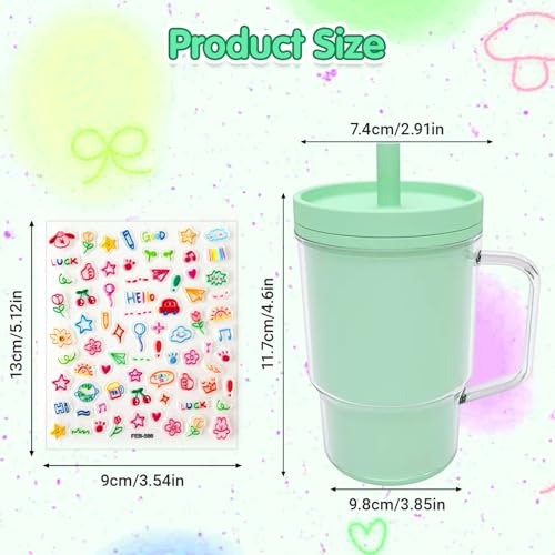 Avalessia Baby Straw Cups for Toddlers 1-3 with Silicone Straw and Handle, 8oz Spill Proof and Heat Proof,BPA Free Dishwasher Safe Mini Stanley Style Cup with Cartoon Stickers for Kids (Mint green) — view 2