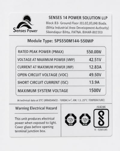 Image of Senses Power 550Wp N-DCR Solar Panel SPS144-550 | 550W Peak Power, 1500V Max Voltage