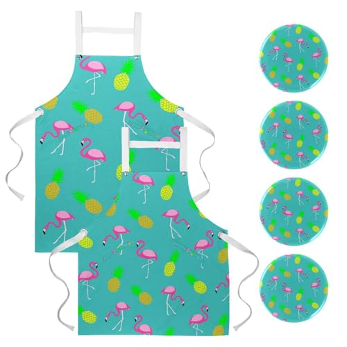 Tablier multicolore motif flamant rose imprimé avec 4 broches amovibles