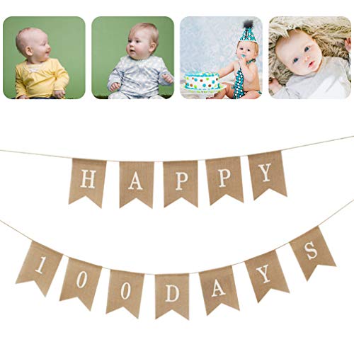 NUOBESTY Happy 100 Day Banner Linho Birthday Bunting Banner Baby Shower Guirlandas de Juta para Deco