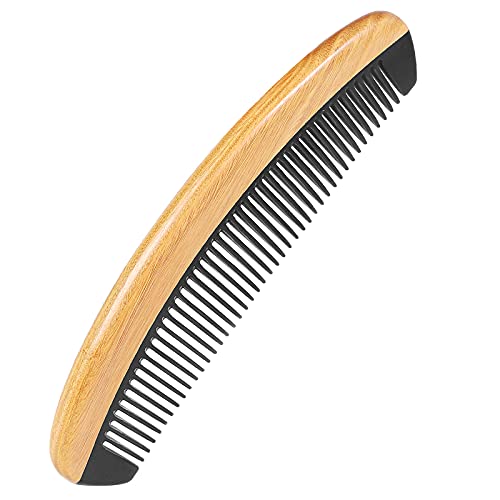 Onedor 100% Handmade Natural Green Sandalwood With Buffalo Horn Hair Combs - Anti-Static Sandalwood Scent Natural Hair Detangler Wooden Combs (Buffalo Horn Oval Fine Tooth) #TOP6
