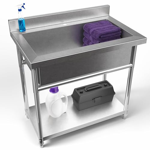 Life Finds Stainless Steel Freestanding Double-Wide Bowl 35.5” x 22.5” x 37.1” Utility Sink for Garage, Laundry, Shop, Pet, and Commercial Use, 20 Gallons, NSF, UPC and cUPC Certified, LF-US1SL by Life Finds - Used condition - US$321.99