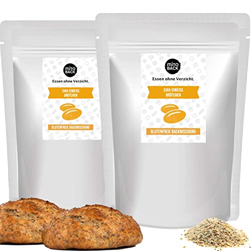 MITOBACK - Chia-Brötchen Backmischung im 2er Set á 100 g - Eiweiß Brötchen: Glutenfrei, Hefefrei, Sojafrei, Ohne Konservierungsmittel - Proteinreiche Fitness Brötchen bei Diabetes & Zöliakie