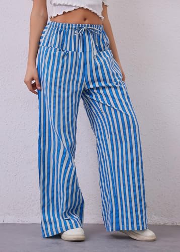 Image of MISSACTIVER Women Drawstring Striped Pants Loose Wide Leg Trousers Casual Low Waist Pants Comfy Lounge Pants with Pockets