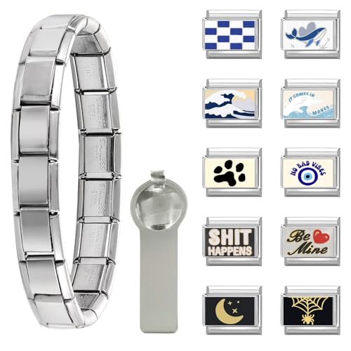 ITingstere Italian Charms Bracelet Sliver 12Pcs Charms Set with 1Pcs Starter Brascelet 9mm Italian Modular Charm Bracelet DIY Module Jewelry Gifts for Women Black