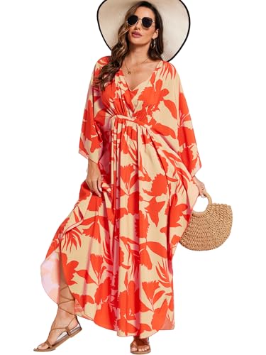 Image of Moss Rose Kaftan Dresses for Women V Neck Summer Swimsuit Cover up Caftan Maxi Beach Dresses