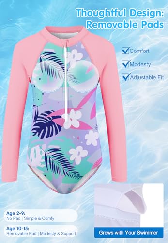 Image of Zando UPF50+ Girls Long Sleeve One Piece Swimsuit with Zipper - Rash Guard for Teens Toddler Kids 2-15 Years