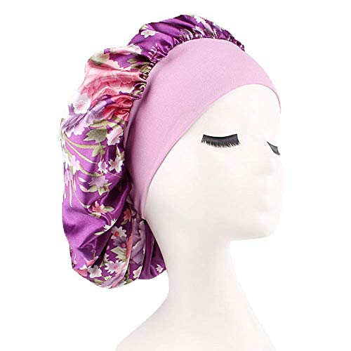NuanBao Wide Band Bonnet Night Sleep Cap Sleeping Head Cover for Women Girls (Purple Floral)