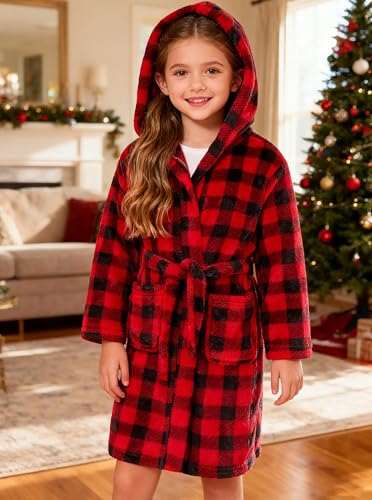 Image of Girls Fleece Hooded Robes, Warm Printed Bath Robe for Kids Soft Fuzzy Bathrobe for Gifts