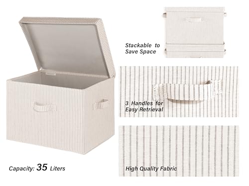Image of StorageWorks Fabric Storage Bins with Lid, Decorative Storage Boxes for Shelves, Stackable Closet Organizer Basket with Handles, Jumbo, Khaki and Beige Stripes, 2-Pack