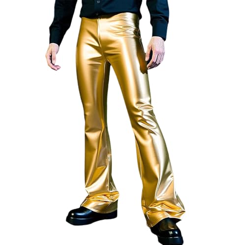 Men's Metallic Faux Leather Pants Trendy Shiny Nightclub Performance Bell Bottom Pants