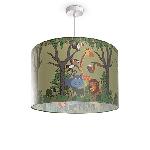 Preisvergleich Produktbild Kinderlampe Deckenlampe LED Pendelleuchte Kinderzimmer Dschungel Tier-Motiv E27, Lampenschirm: Grün (Ø45.5 cm), Lampentyp: Pendelleuchte Weiß + Leuchtmittel