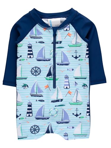 RUGGEDBUTTS Baby/Toddler Boy Swimsuit, One Piece Zipper Rash Guard Sunsuit with UPF 50+ Sun Protection - Blue Sweet Sails, 6-12m