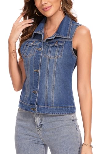 MISS MOLY Women's Denim Vest Cropped Classic Sleeveless Jean Vest Jackets With Flap Pockets3
