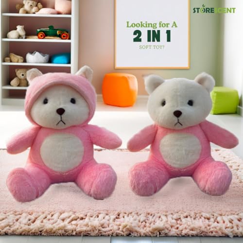 Image of Storescent Hooded Teddy Bear Plush Toy | Soft & Cute Stuffed Animal Toy for Hugging for Kids & Loved Ones - Light Pink 45cm