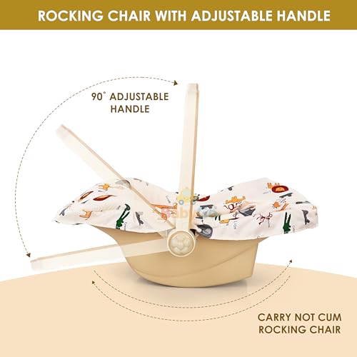 Image of BabyGo 5-in-1 Baby Carry Cot & Rocking Chair with Adjustable Handle, Safety Belt, Large Canopy, Anti-Mosquito Net & Washable Double Cushion Seat for Newborns & Infants - Beige