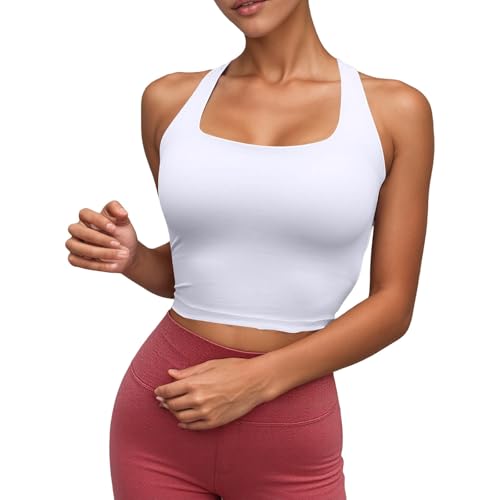 Zanisouta Sujetador deportivo acanalado para mujer, transpirable, camiseta sin mangas, cuello cuadrado, camiseta de doble capa, camiseta de verano, crossback, camiseta de fitness, camiseta informal, O