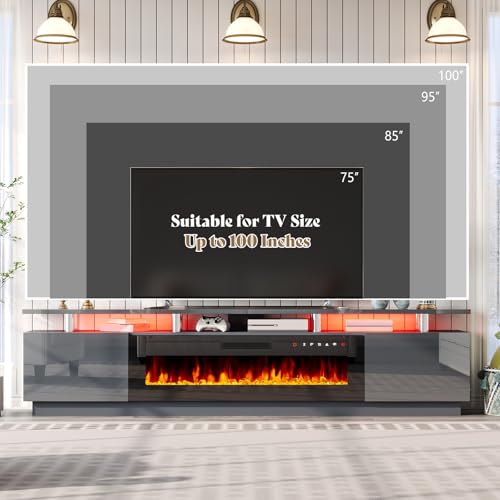 Image of AMERLIFE 90 inch High-Gloss Fireplace TV Stand with 50 inch Electric Fireplace | Gray /Black LED TV Console, Modern Living Room Entertainment Center, Fits TVs up to 100 inch, 2 Cabinets, 2-Tier Storage Space