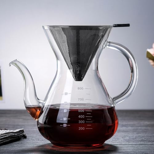 Image of Pour Over Coffee Maker, Permanently Use The Pour Over Coffee Dripper [Newest] Borosilicate Glass Water Bottle Coffee Pot, With Stainless Steel Filter Hand Punch Coffee Pot Set 14oz / 400Ml | Thickened Heat-Resistant Borosilicate Glass Dripper, Double Stainless Steel Filter, Hand Punch Coffee Pot Set