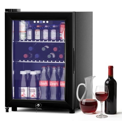 LUMENOX 58L Table Top Mini Fridge 4C-16C Touch Control with Digital Display 43dB UV-Protected Double Tempered Glass Door with Lock for Bedroom Office & Kitchen [Energy Class E]