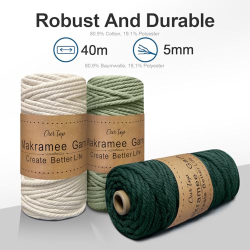 OurTop Makramee Garn Set 5mm 3er (Natur/Hellgrün/Dunkelgrün) – Bild 3
