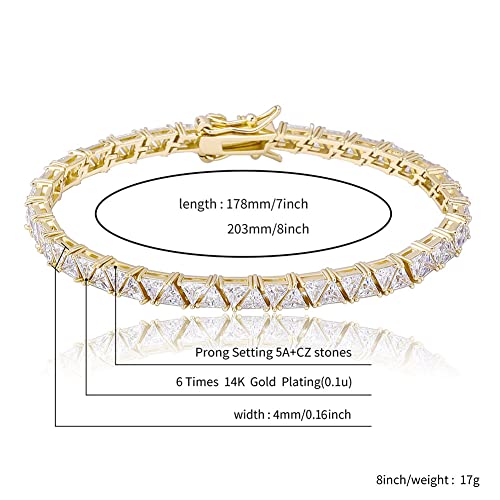 JINAO 4MM Double Triangular Cut Link Tennis Chain Bracelet 18K Real Gold Plated Iced Out Cubic Zirconia Triangle Cut Tennis Bracelet for Men Women2