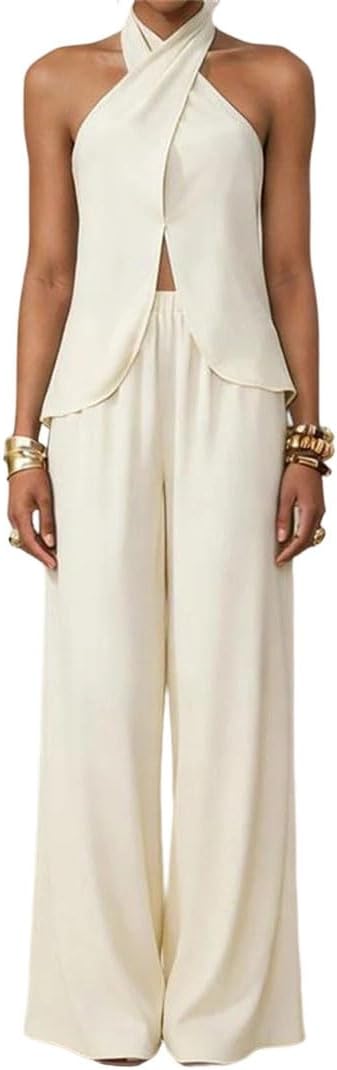 Women High Street Sleeveless Hanging Neck Backless Hollow Loose Two Piece Suit Sets
