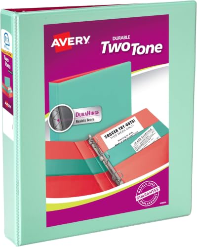 Image of Avery Two-Tone Durable View 3 Ring Binder, 1.5 Inch Slant Rings, Mint /Coral Binder (17289) (Pack of 6)