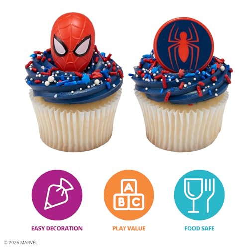 DecoPac Marvel's Spider-Man™ Spider and Mask Rings, Spider-Man Cupcake Decorations, Red and Blue Food Safe Cake Toppers – 24 Pack by DecoPac - Image 4