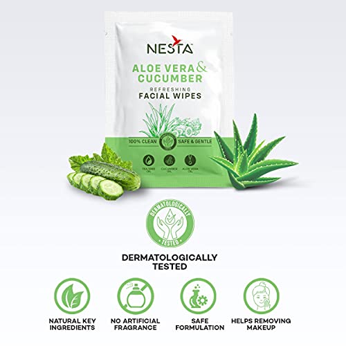 Image of Nesta Refreshing Single Pouch Wet Wipes with Extra Moisturizers - 10-IN-1 Pack, No Artificial Fragrance, Natural Cleansing & Hydrating Face Wipe (Cucumber 60)