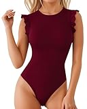 MANGOPOP Women's Body Suits Cute Crew Neck Ruffle Sleeveless Slim Fit Bodysuit Tank Tops Tight Casual Sexy, Burgundy, Medium