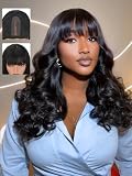 Nvnvdij Body Wave Human Hair Wig With Bangs 2x4 Lace Closure Wig with Drawstring Beginner Friendly Glueless Wear and Go Human Hair Wig for Black Women Natural Black 18 Inch