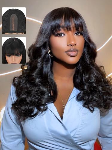 Nvnvdij Body Wave Human Hair Wig With Bangs 2x4 Lace Closure Wig with Drawstring Beginner Friendly Glueless Wear and Go Human Hair Wig for Black Women Natural Black 18 Inch