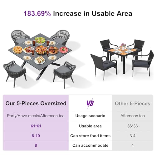 Image of PURPLE LEAF 5 Pieces Oversized Square Patio Dining Set with Outdoor Aluminium Dining Table and Woven Chairs Modern Metal Furniture Cushions Sets for Garden Yard Indoor Decor Kitchen Gray