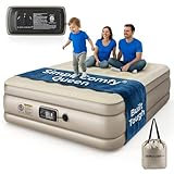 Simpli Comfy Inflatable 18” Queen Air Mattress with Built in Pump Self Inflating Blow Up Durable Heavy Duty Stay Firm Comfortable Air Bed Elevated for Home Guest Travel Relocate Camping