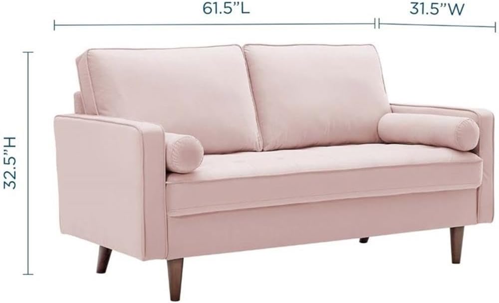 Pemberly Row Modern Performance Velvet Loveseat, 61.5"W x 31.5"D, Pink Upholstery, Walnut-Stained Wood Legs, Dense Foam Padding, Mid-Century Style Living Room Seating, Stain-Resistant Fabric, 600 lb