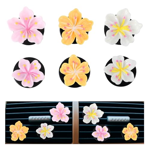 Image of 6 Pcs Cute Car Air Freshener Vent Clips Flower Air Vent Clips Pink Hawaiian Hibiscus And Cherry Blossom Car Accessories For Interior Aesthetic Decorations Pink, White, Yellow(Fragrance-free tablets)