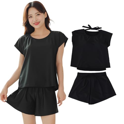 [Teddy] 水着 レディース 体型カバー UPF50+ 半袖ラッシュガード ショートパンツ 2点セット レイヤード風 hys3036 (M(9号), ブラック) - Teddy - 商品画像