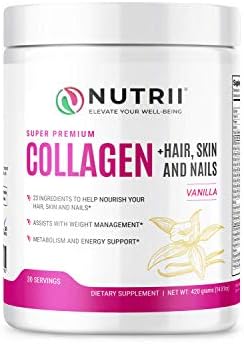 Nutrii Grass Fed Hydrolyzed Collagen Peptides Protein Powder, Anti Aging Skin, 14.8 oz, 30 Serv, Vanilla Flavor