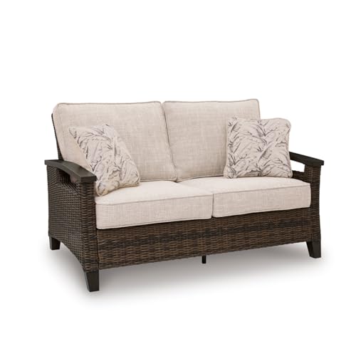Signature Design by Ashley Drakes Beach Outdoor Loveseat, Resin Wicker On Aluminum Frame, UV-Resistant Nuvella Cushions, Patio Deck Porch Seating, 58.5" W