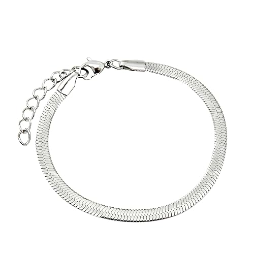 Waterproof 14K Gold Over Herringbone Chain Bracelet Anklet for Women and Men, Ankle Bracelet Premium Solid Stainless Steel (Silver)