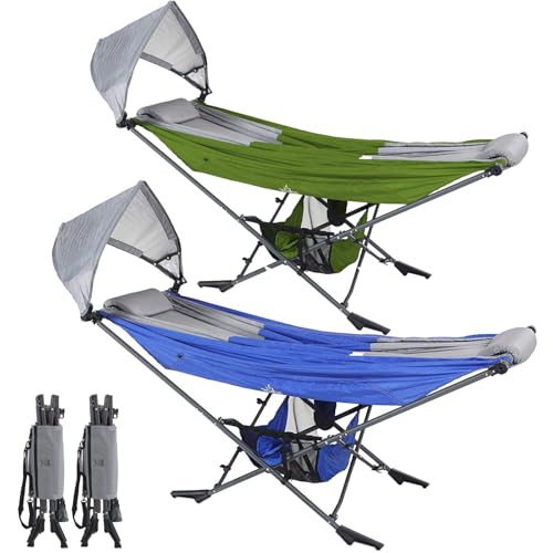 2Pack Portable Hammock with Stand, World's Best Mock ONE® Hammock, Compact Folding Framed Hammock with Adjustable Sunshade Canopy for Indoor, Outdoor, Park, Backpacking, Camping, Hiking, Travel, Beach