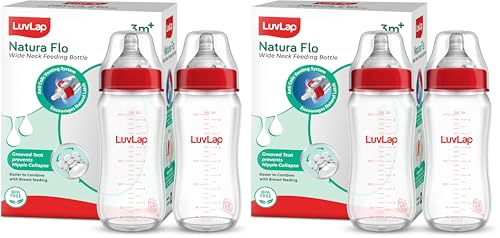 Image of LuvLap Natura Flo Wide Neck Glass Feeding Bottle, New Born /Infants /Toddler Upto 3 Years, BPA Free, Ergonomic Shape is Easy to Hold, with Anti Colic Nipple, Pack of 4, 250ml