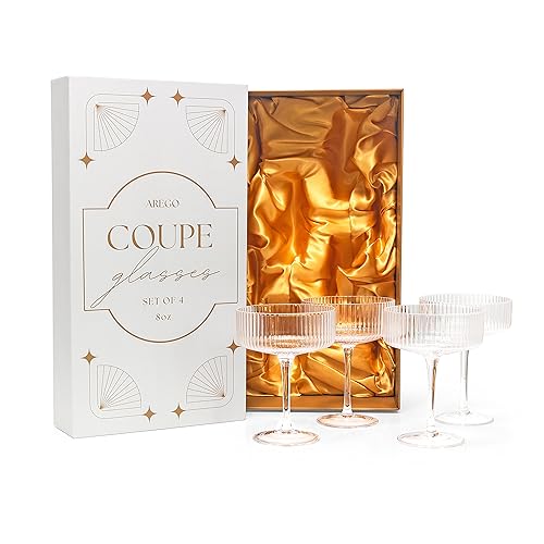 arego Ribbed Coupe Glasses - 8 Oz Art Deco Set Of 4 Vintage Glassware For Espresso Martini, Margarita, Champagne, Manhattan, Spritz, Tall Bar Cocktail Glass For The Home, Cute Drinking Cups Gift