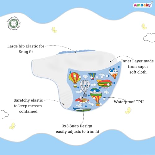 Image of Ambaby Cloth Diapers Pants Quick Dry Comfort GOTS Certified Free Size Button Adjustable, Washable And Reusable Multilayered Cotton Pads And Boosters Parachute Printed