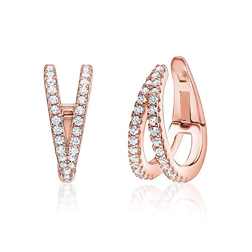 Sterling Silver Conch Huggie Hoop Earrings Tapered Double Row Simulated Diamonds Cartilage Ear Cuff For Non Pierced Ears Rose Gold Plated Hinged #TOP14