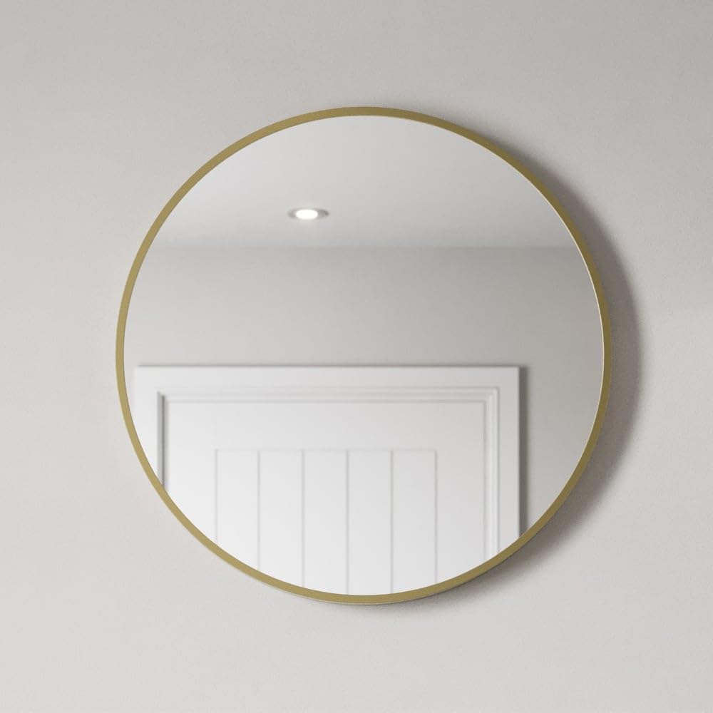 BAYSTONE® 600 x 600mm Brushed Brass Wall Mounted Mirror Vanity Mirrors Framed Round Design 4mm Mirrored Glass for Bathroom