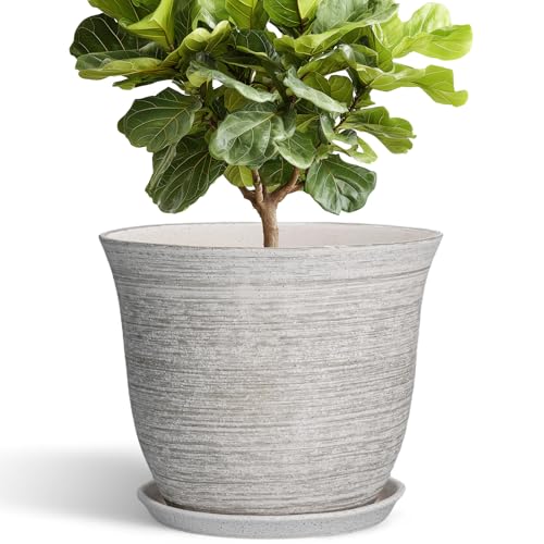 SUNPOTFOR Ceramic Planter, 12 Inch Plant Pot with Drainage and Saucer, Grey