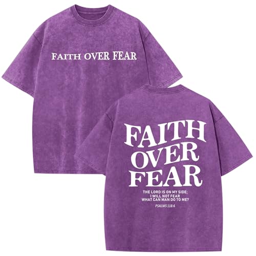 Image of Christian Faith Over Fear Shirt for Men Jesus Religious Shirts Oversized Graphic Tees Acid Wash God T-Shirt